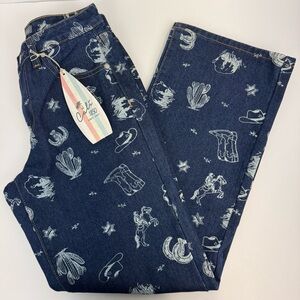 Cali1850 Dark Wash Jeans Western Print Straight Leg Size 3/26 Horse Novelty NWT